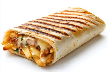A french taco with chicken, french fries and a cheese sauce isolated on a white background