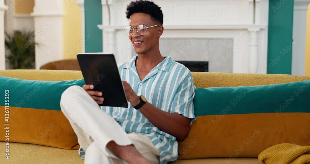 Poster scroll, success and tablet with man on sofa for online reading, good news and social media post. net