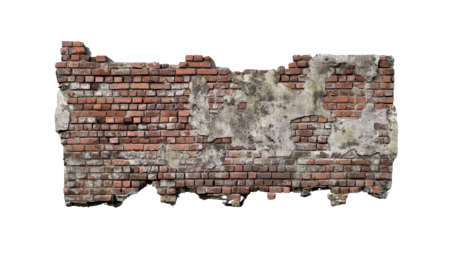 Destroyed brick wall with transparent background showing crumbling plaster and decay