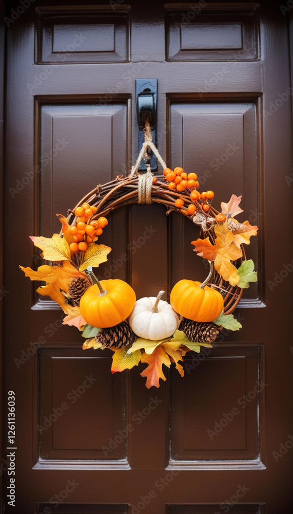 Canvas Prints Extreme close up of an autumn wreath on a front door, adorned with small pumpkins, leaves, and acorns, welcoming guests to a Thanksgiving feast.