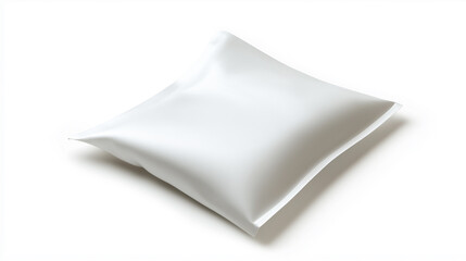 A minimalist blank white flexible packaging pouch placed on a clean surface with soft shadows from palm leaves, ideal for branding mockups.