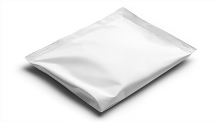 A minimalist blank white flexible packaging pouch placed on a clean surface with soft shadows from palm leaves, ideal for branding mockups.