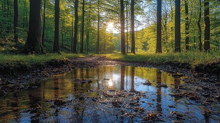 Sunlit Forest Path Reflecting In Forest Stream