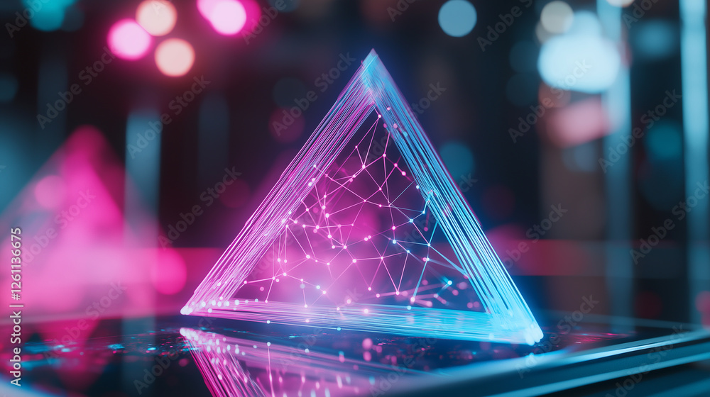 Poster a glowing neon pyramid hologram floating on a futuristic digital interface with sparkling lights and