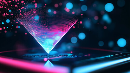 A glowing neon pyramid hologram floating on a futuristic digital interface with sparkling lights and reflections.