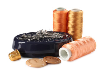 Many different sewing supplies isolated on white