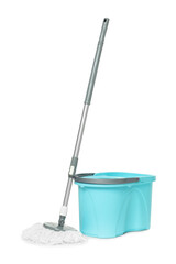String mop and bucket isolated on white. Cleaning equipment