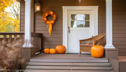 Empty wooden porch with a wicker chair, pumpkin decorations, and a welcoming door, with an autumnal wreath hanging on it, leading into the house.