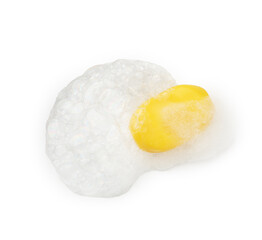 Yellow soap with foam on white background, top view