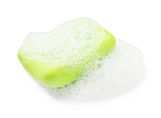 Green soap with foam on white background