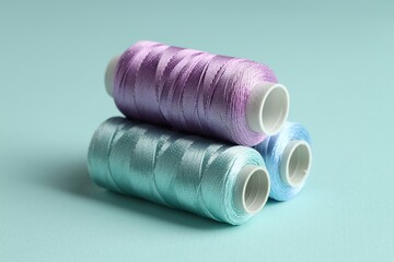 Different spools of sewing threads on light blue background, closeup