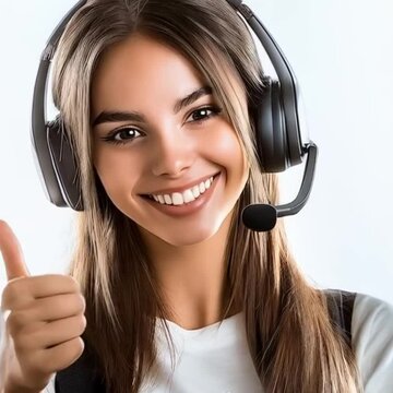 
A beautiful female technical support operator, looking into the camera, winking and smiling. She&rsquo;s giving a thumbs-up with her hand, indicating that everything is okay. Style: professional portrait p
