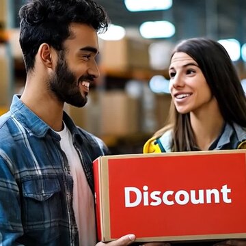 Two warehouse workers smiling holding box with a red label that says "Discount" on the label. The employees are in a well lit warehouse with big windows.





