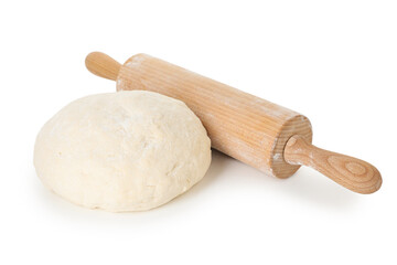 Fresh dough and rolling pin isolated on white