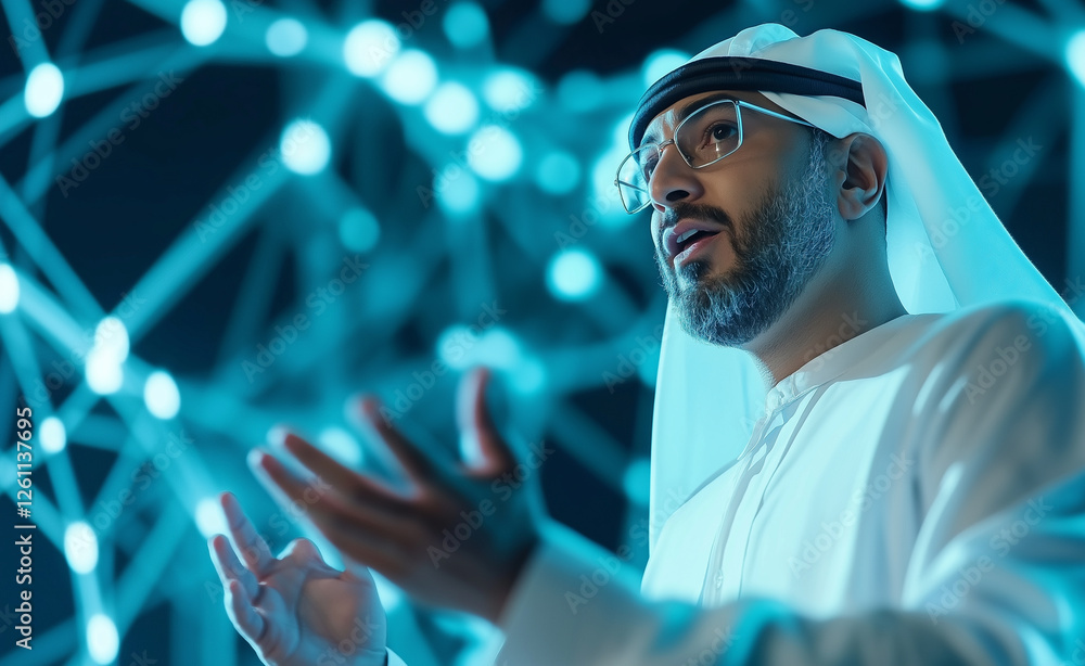 Poster a man wearing a traditional white thobe and keffiyeh observing a futuristic digital display with glo