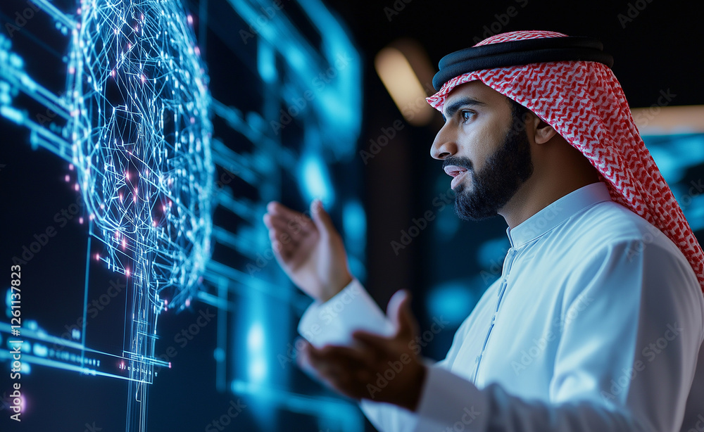 Poster a man wearing a traditional white thobe and keffiyeh observing a futuristic digital display with glo