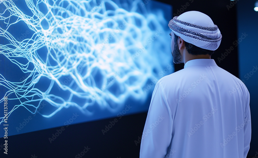 Poster a man wearing a traditional white thobe and keffiyeh observing a futuristic digital display with glo