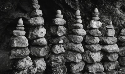Obraz premium Balanced stone towers, dark cave backdrop