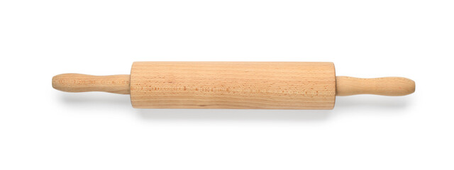 Wooden rolling pin isolated on white, top view