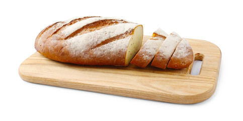 Wooden cutting board with fresh bread isolated on white
