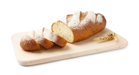 Wooden cutting board with fresh bread and spikes isolated on white