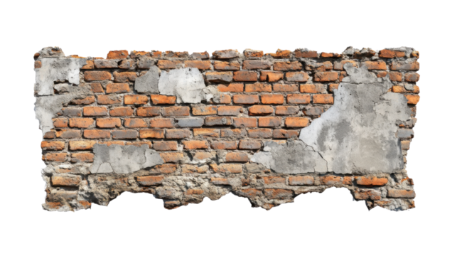 Old damaged brick wall with mortar showing through on transparent background - Powered by Adobe