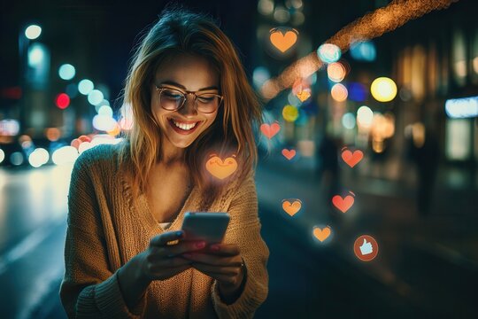 Young Woman Using a Mobile Phone with Floating Heart and Like Icons in a Night Cityscape