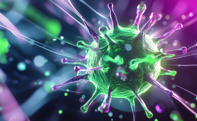 A highly detailed 3D rendering of a virus particle with glowing green and purple elements, symbolizing infection and microbiology.