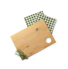 Cutting board with rosemary and towel isolated on white, top view