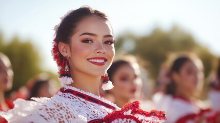 joyful dancers in vibrant costumes perform traditional dance in sunlit park setting showcasing...