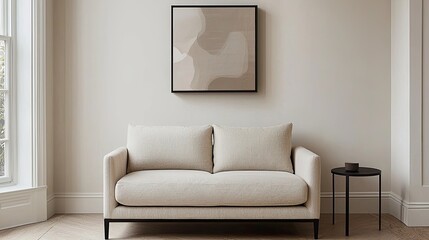 Modern living room featuring a minimalist sofa and abstract wall art in neutral tones