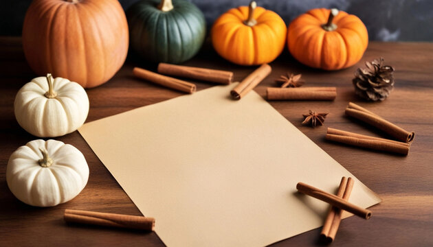 Close up of an empty table space with a blank sheet of paper, a few cinnamon sticks, and miniature pumpkins around, creating a cozy autumn scene.
