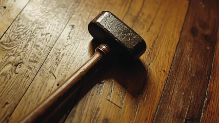 Heavy wooden mallet resting on polished wooden floor, showcasing craftsmanship and utility in a workshop setting
