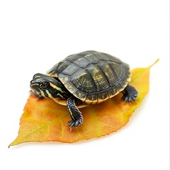 Obraz premium Cute baby turtle resting on autumn leaf image