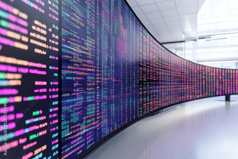 Poster display of colorful data visualizations in a modern office environment highlighting analytics and me
