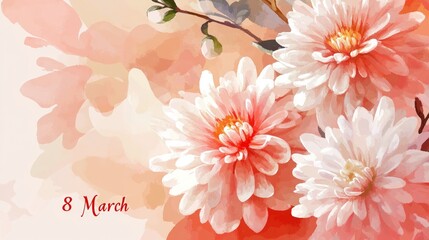 A greeting card featuring chrysanthemums and apple blossoms for March 8 A floralthemed vector illustration in watercolor style