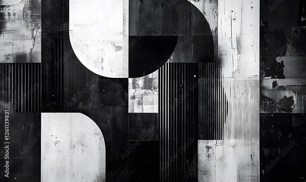 Poster abstract geometric composition with contrasting black and white patterns and textures creating a dyn