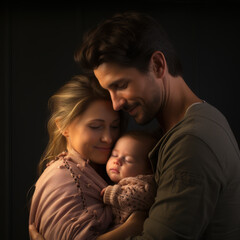 Loving family studio portrait of smiling mother, father, and baby embracing in a warm and intimate moment with dark elegant background