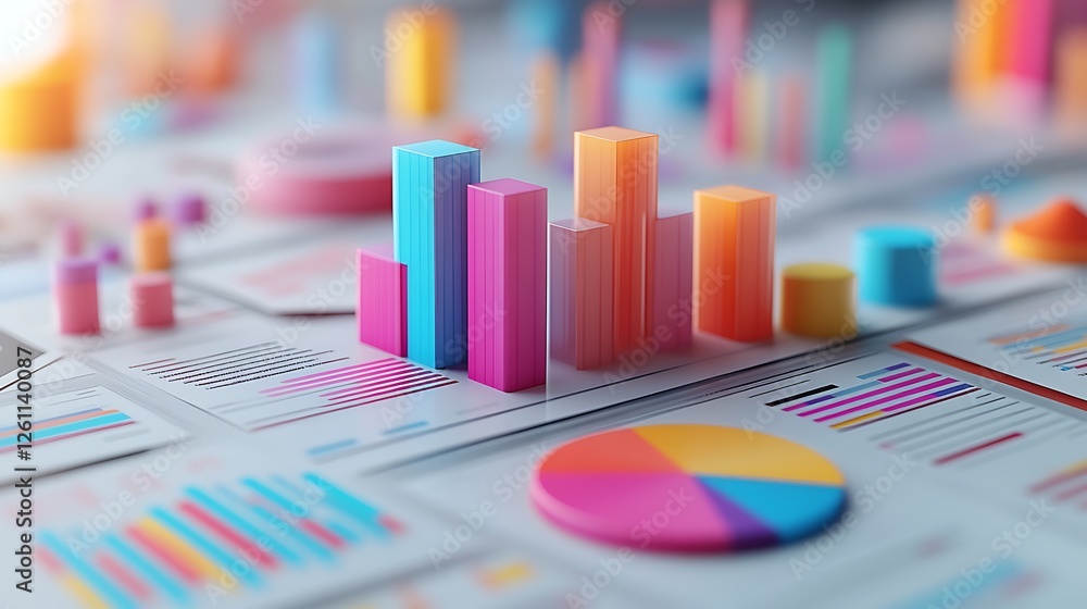 Poster colorful 3d bar and pie charts on a paper with graphs in a modern office setting, a colorful bar gra