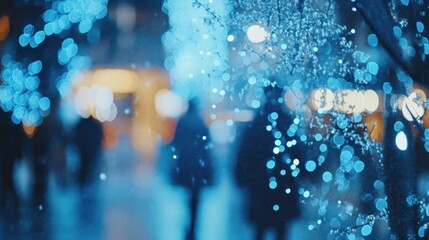 City night, blurry pedestrians, winter bokeh, festive lights