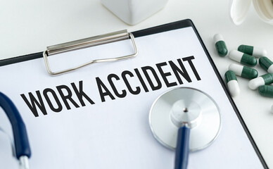 A medical instrument with a sign that says Work Accident on it