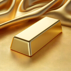 Shiny gold bar resting on luxurious golden fabric with intricate texture
