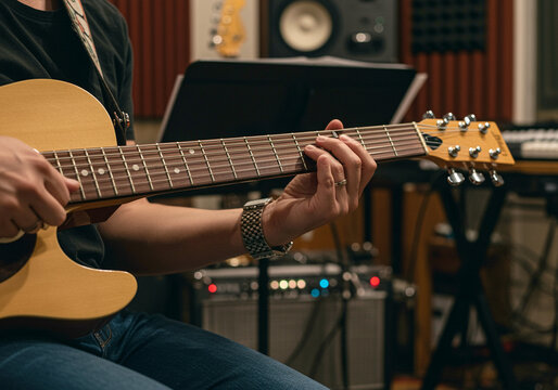 Guitar playing music practice session in a studio with acoustic guitar and focused musician
