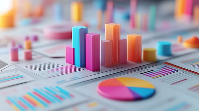 Colorful 3D bar and pie charts on a paper with graphs in a modern office setting, A colorful bar graph and pie chart