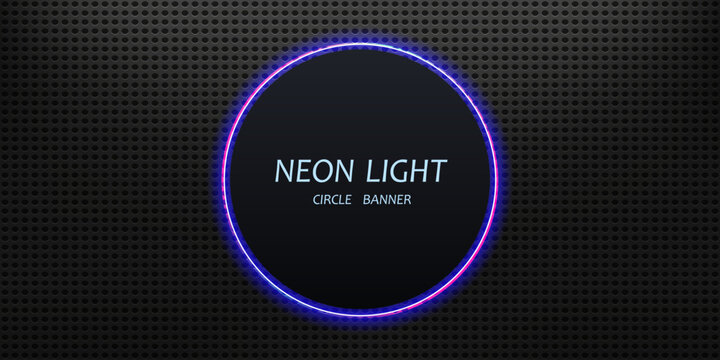 Blue circle benner neon frame with glow and sparkle effect.