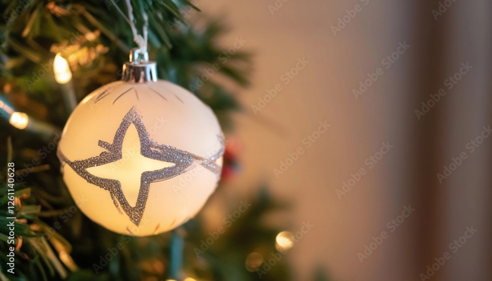 Wall mural close up of an empty christmas tree ornament hanging from a string, surrounded by pine branches and 