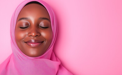 A woman wearing a pink hijab smiling peacefully with her eyes closed against a monochrome pink background.

