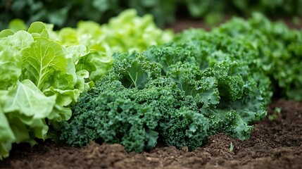 Fresh kale and lettuce grow in garden soil.  Healthy food
