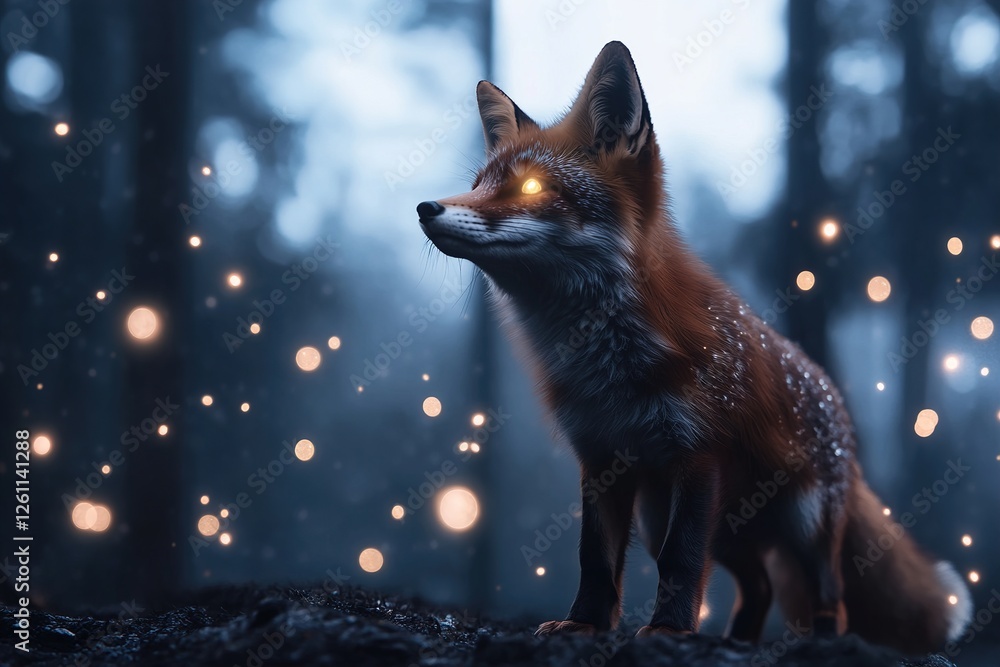 Aufkleber a mystical fox stands in a foggy enchanted forest, its glowing eyes piercing through the mist. softl
