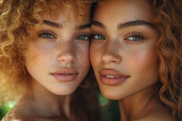 Fototapeta premium Two girls with curly hair and freckles enjoy a close moment in nature on a sunny day, showcasing joy and friendship